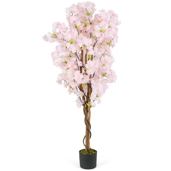 Gymax 5 FT Tall Artificial Cherry Blossom Tree Faux Flower Plant in Nursery Pot