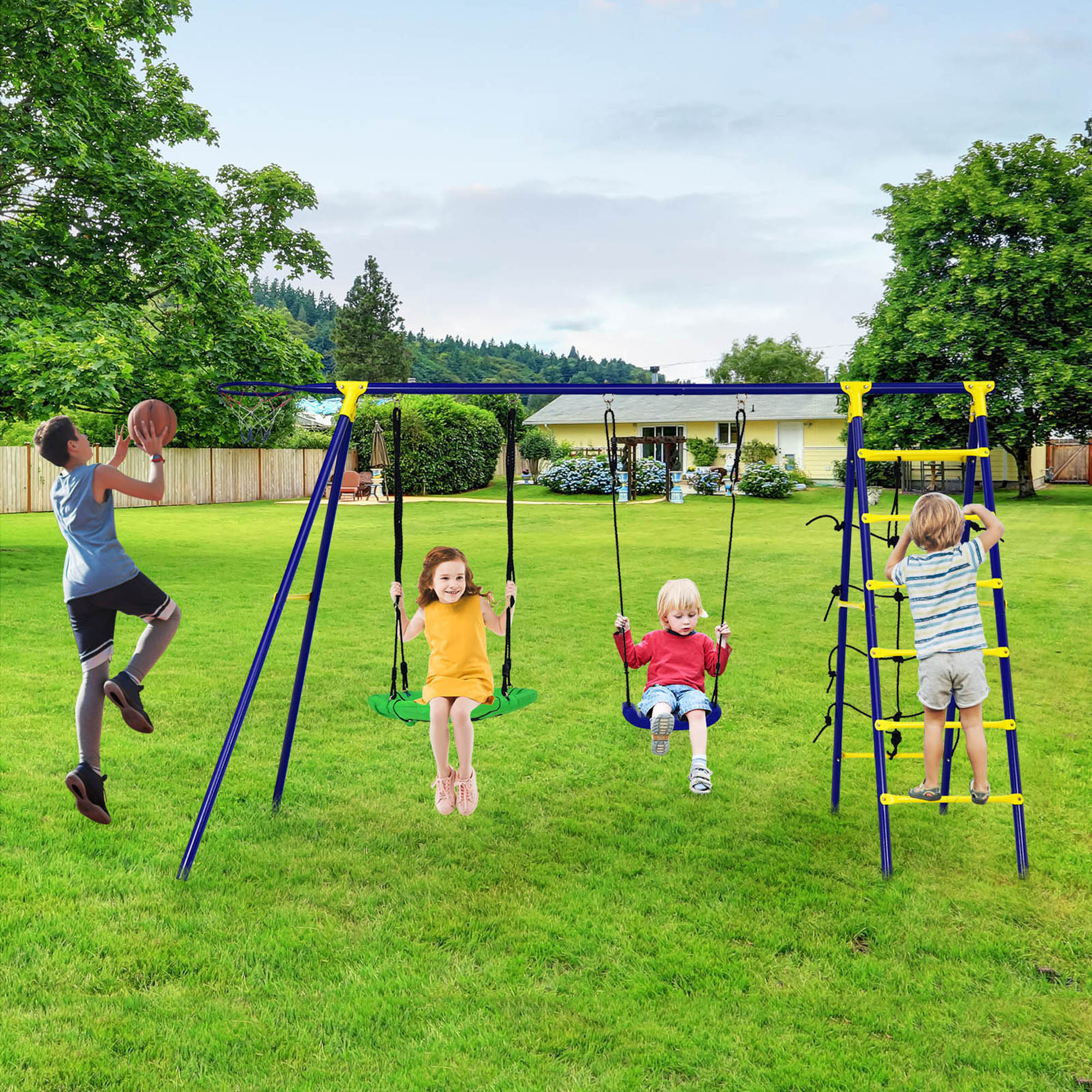 Gymax 5-In-1 Kids Swing Set for Outdoor W/ Heavy Duty Frame Basketball Hoop & Climbing Ladder - image 1 of 10