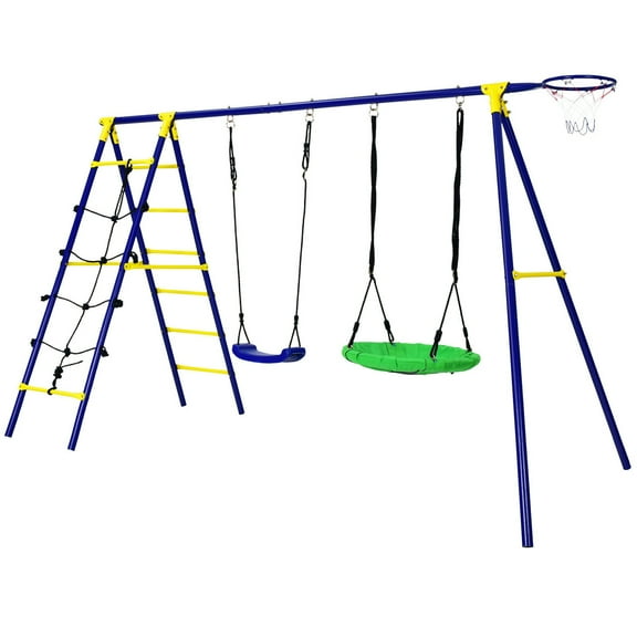 Gymax 5-In-1 Kids Swing Set for Outdoor W/ Heavy Duty Frame Basketball Hoop & Climbing Ladder