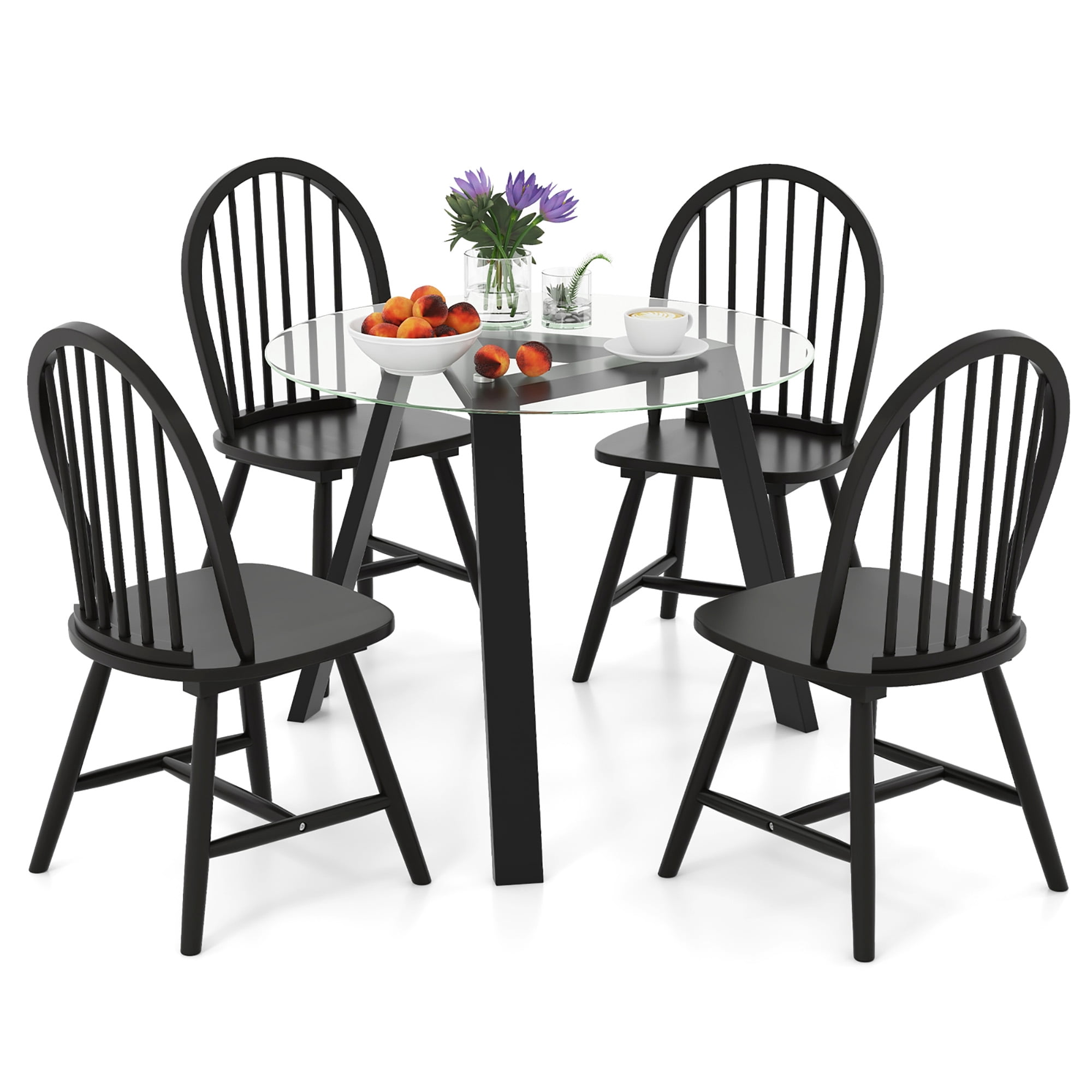 Gymax 5 PCS Dining Set for 4 Round Table w/ 4 Chairs Solid Rubber Wood ...