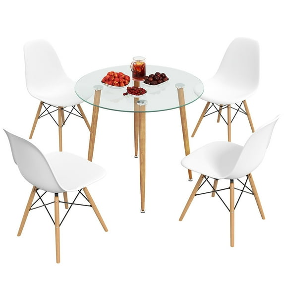 Gymax 5 PCS Dining Table Set Tempered Glass Table 4 Chairs w/ Beech Wood Leg Kitchen