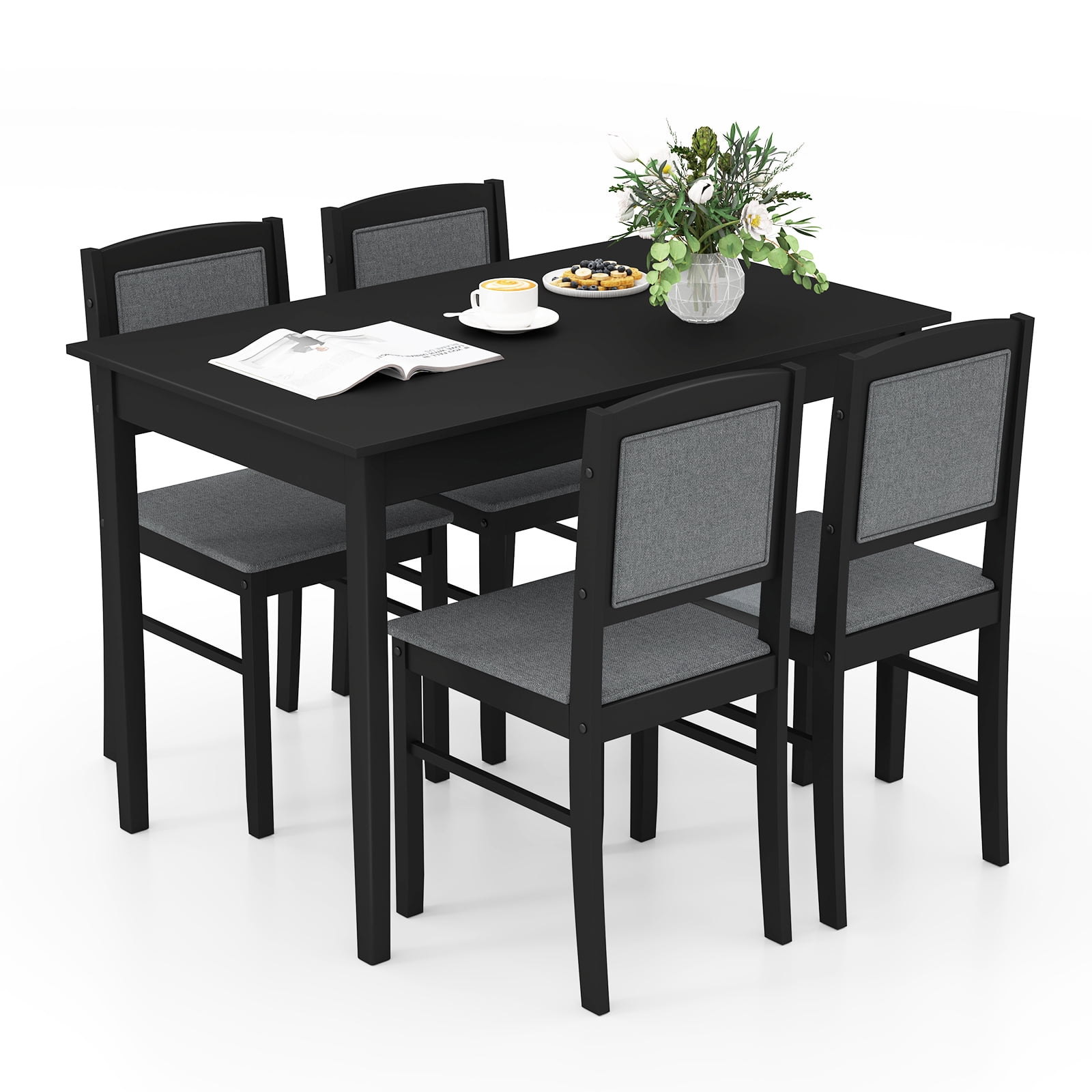 Gymax 5 PCS Dining Table Set for 4 w/Rubber Wood Legs Upholstered Seat ...
