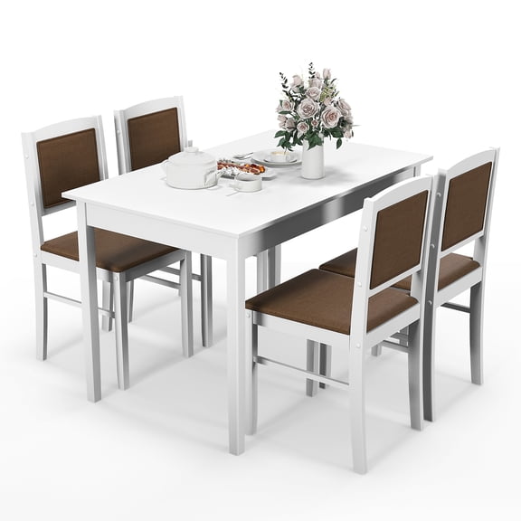 Gymax 5 PCS Dining Table Set for 4 w/Rubber Wood Legs Upholstered Seat Padded Backrest White & Brown