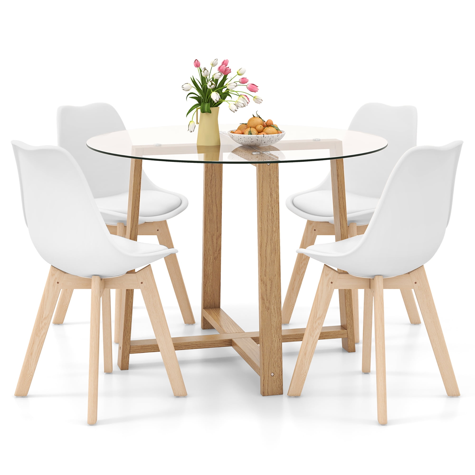 Gymax 5 PCS Dining Table Set for 4 w/ Solid Wood Legs Tempered Glass ...