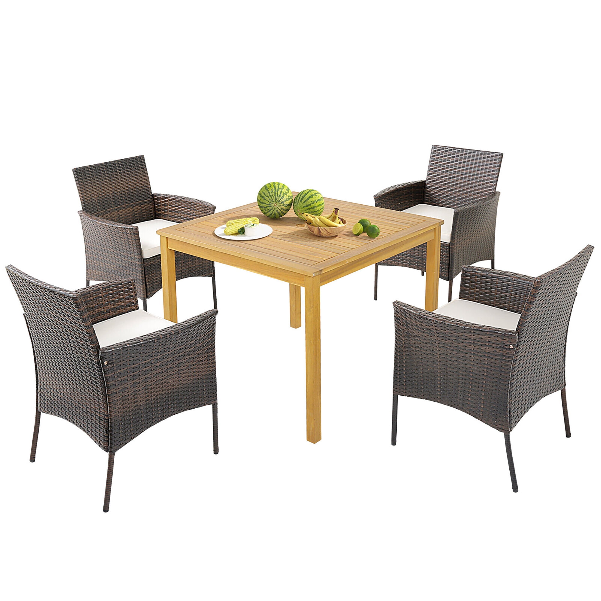 Gymax 5 PCS Patio Dining Set Acacia Wood Table w/ 1.9'' Umbrella Hole ...