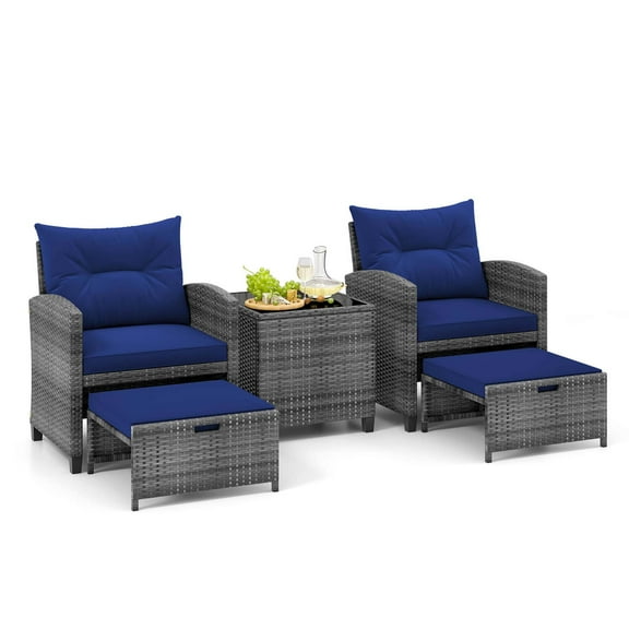 Gymax 5 PCS Rattan Furniture w/ 2 Ottomans & Tempered Glass Coffee Table Patio Navy