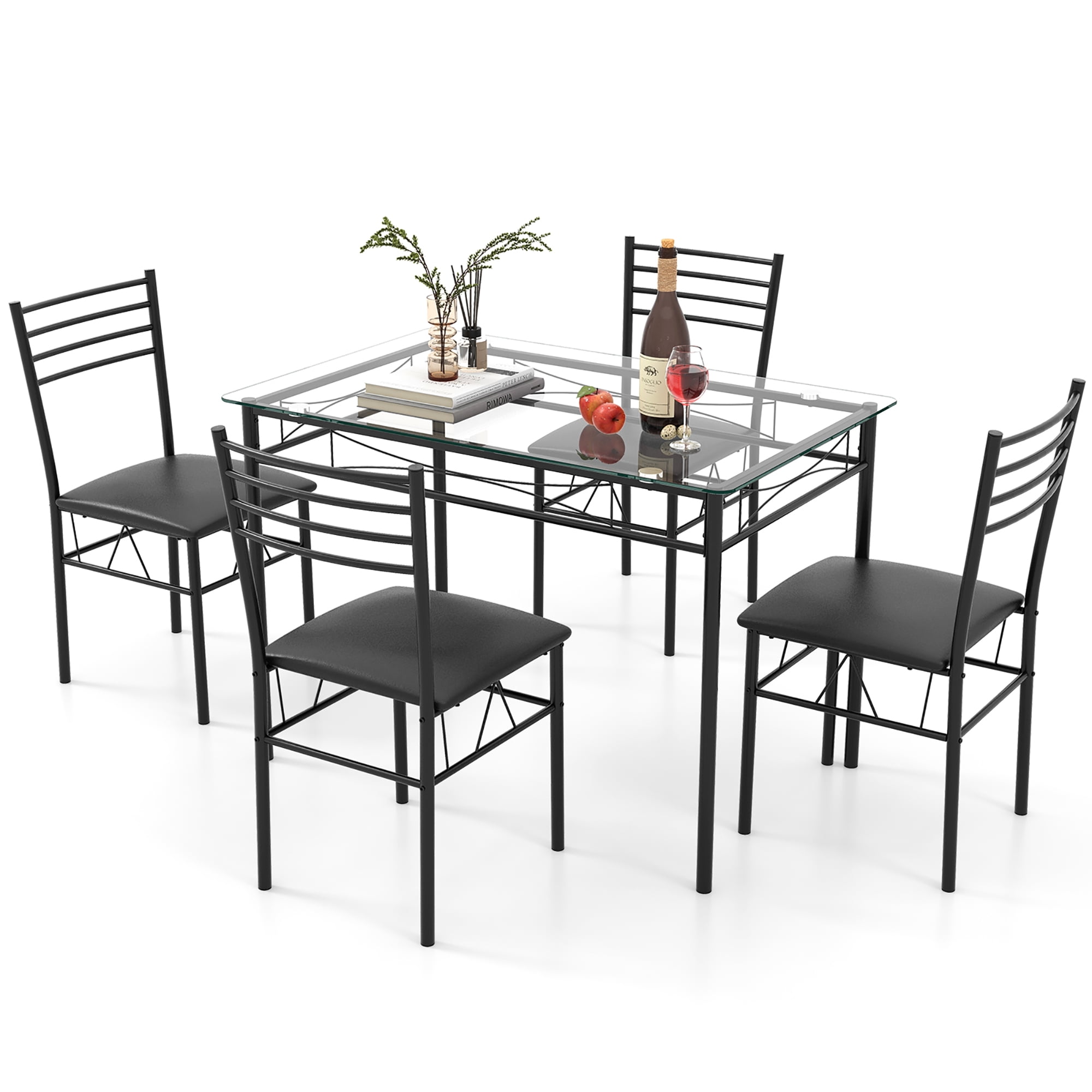 Gymax 5 Piece Dining Set Glass Top Table & 4 Upholstered Chairs Kitchen ...