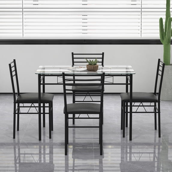 Gymax 5 Piece Dining Set Glass Top Table & 4 Upholstered Chairs Kitchen ...