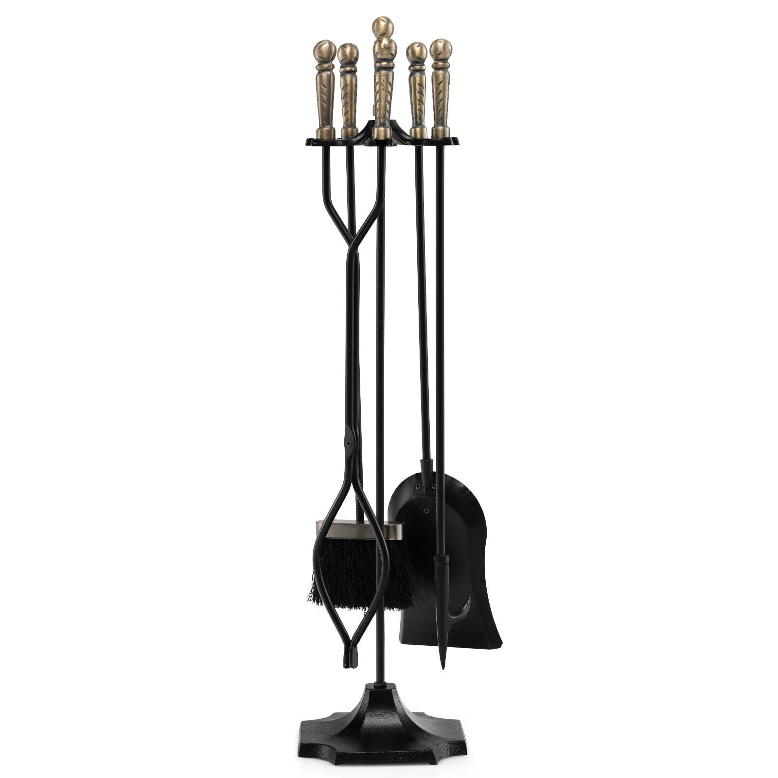 Heavy Duty Black Iron 5-Piece Fireplace Tool Set with Brass Handles