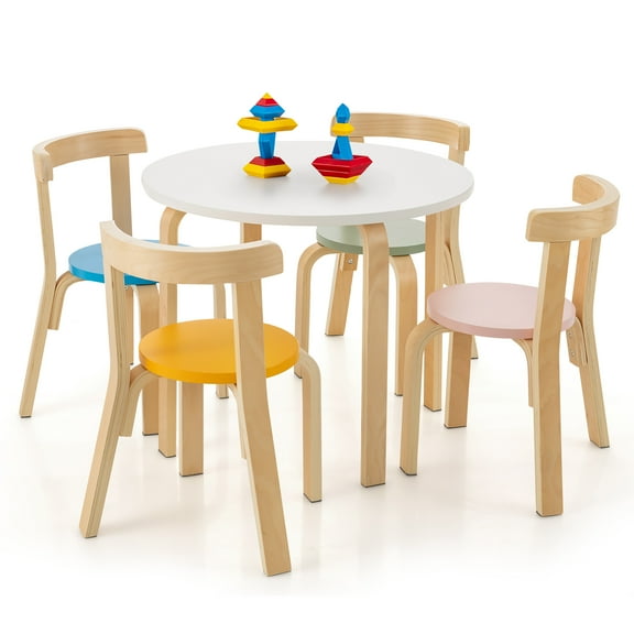 Gymax 5-Piece Kids Wooden Curved Back Activity Table & Chair Set w/Toy Bricks Assorted