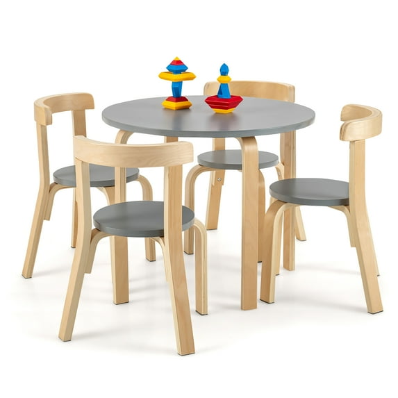 Gymax 5-Piece Kids Wooden Curved Back Activity Table & Chair Set w/Toy Bricks Grey