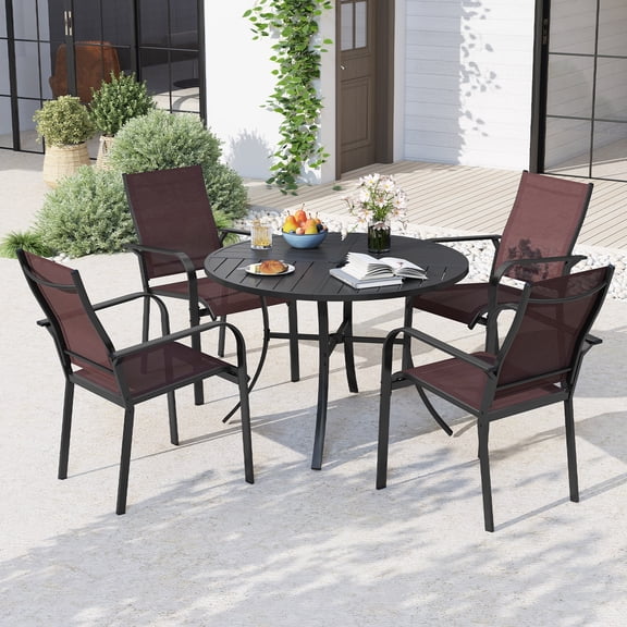 Gymax 5-Piece Patio Dining Set for 4Round Metal Table w/ Umbrella Hole & 4 Stackable Coffee & Black