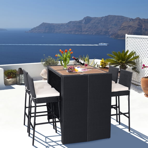 Gymax 5-Piece Patio Rattan Bar Set Outdoor Wicker Set w/ Bar Height Table & 4 Bar Stools