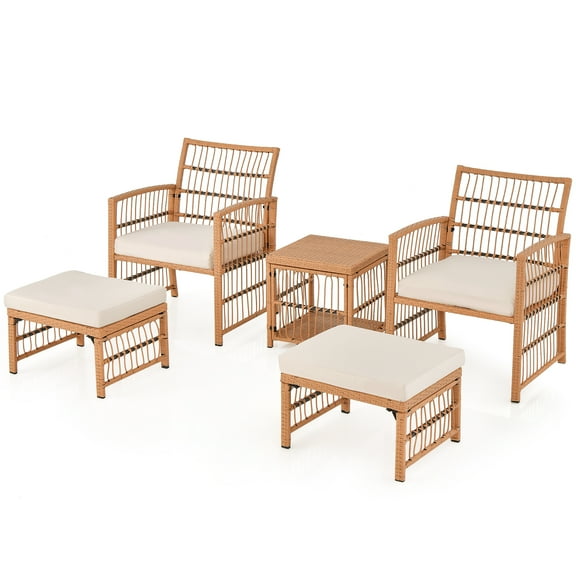 Gymax 5 Piece Patio Rattan Wicker Conversation Set w/ 2-Tier Coffee Table & 2 Ottomans