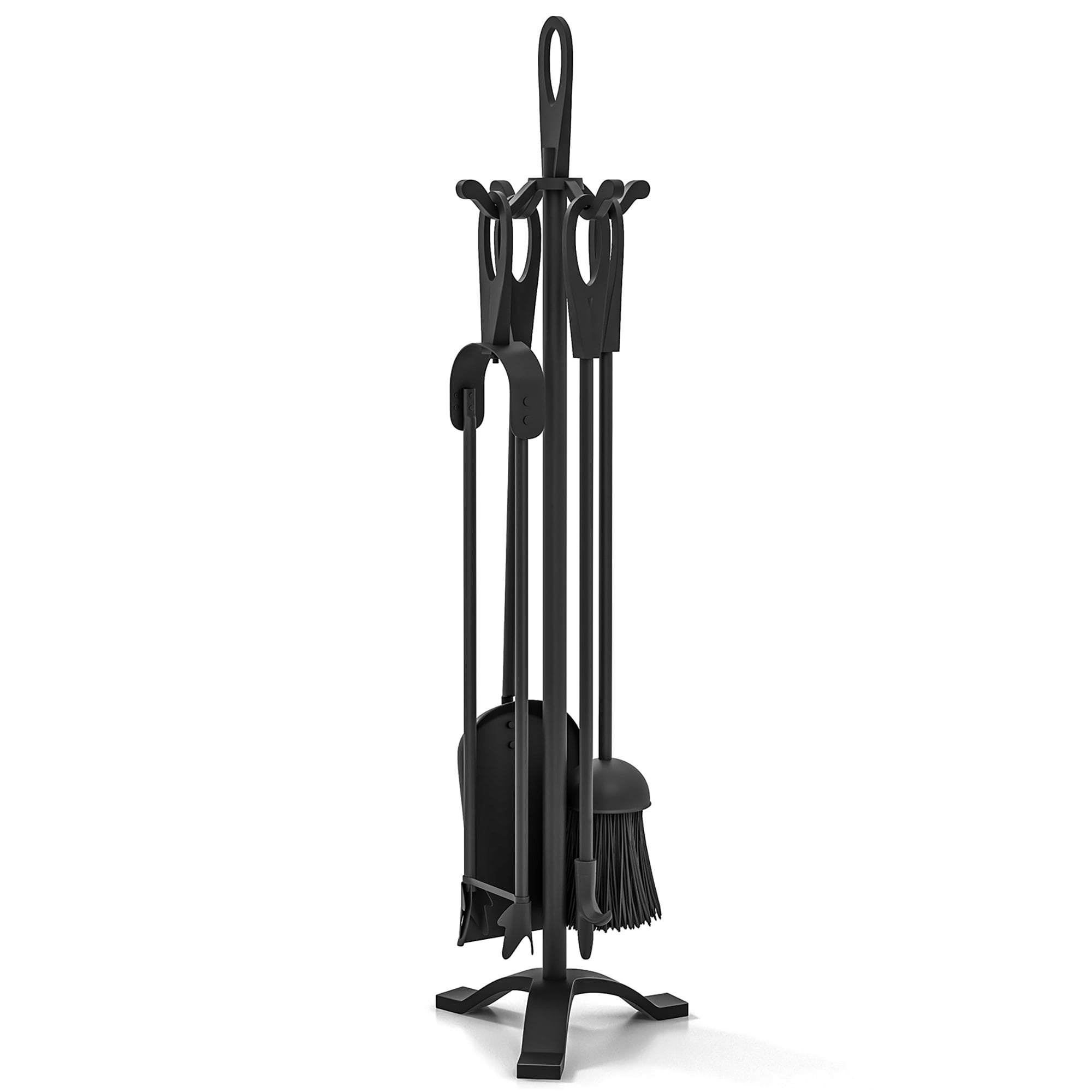 Gymax 5 Pieces Fireplace Tool Set w/ Poker Tongs Brush Shovel and Stand Handles Black