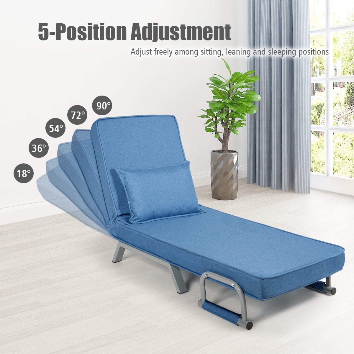 Gymax 5 Sofa Chair Position Convertible Folding Sleeper Bed w/ Pillow Blue