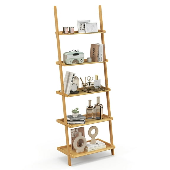 Gymax 5-Tier Bamboo Ladder Shelf Wall-Leaning Bookshelf Display Bookcase Storage Rack