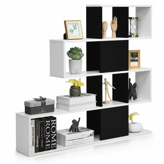 Gymax 5-Tier Bookshelf Corner Ladder Bookcase Display Storage Rack Black White