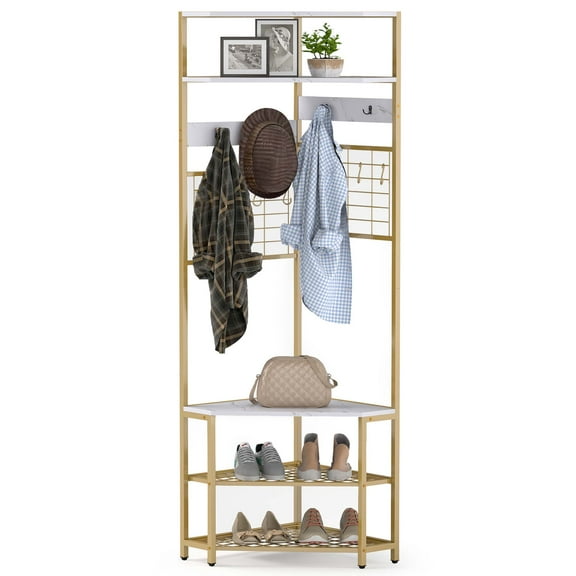 Gymax 5-Tier Corner Hall Tree w/ Shoe Storage Bench 12 Metal Hooks for Living Room White & Gold
