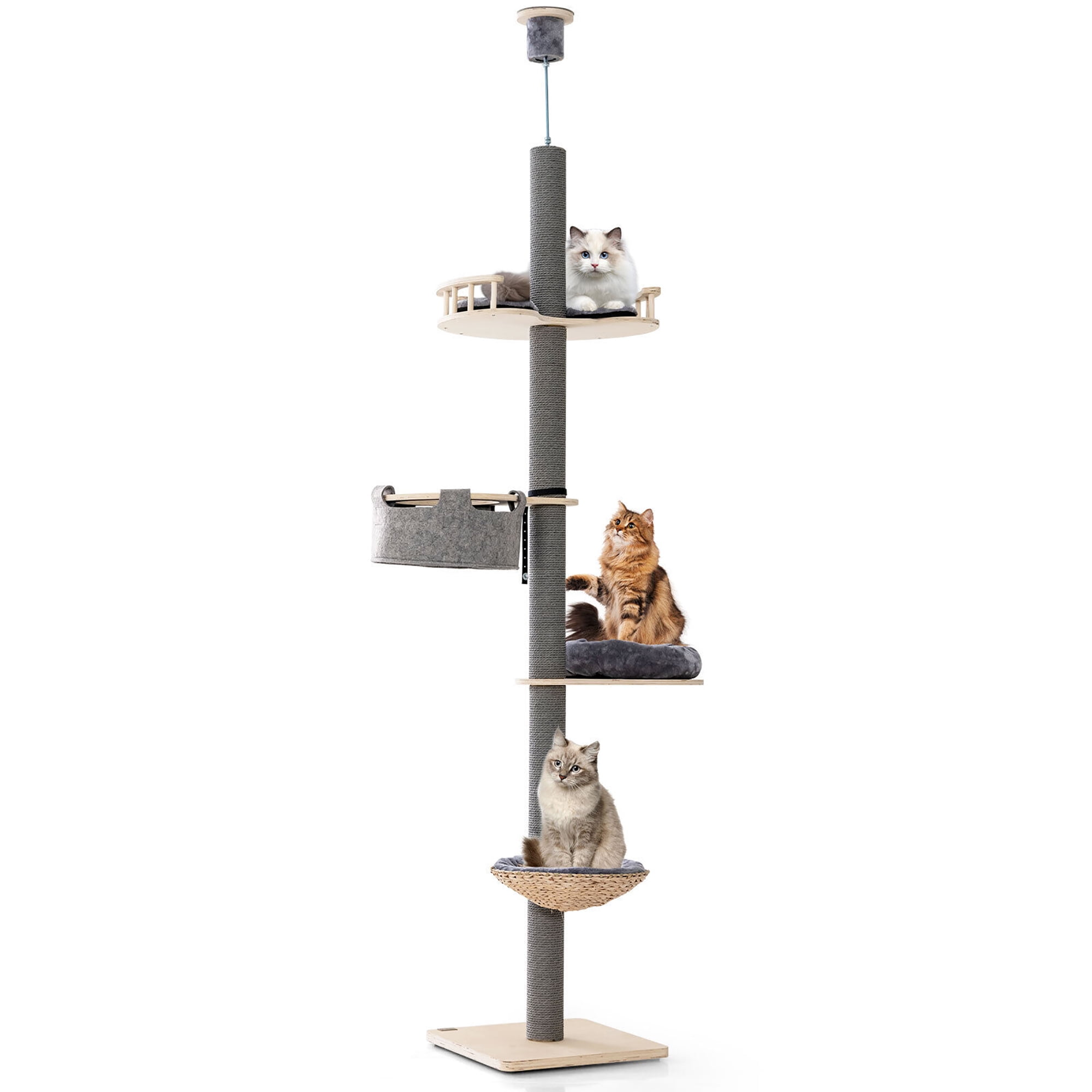 Adjustable Height Grey and Natural 5-Tier Floor-to-Ceiling Cat Tree