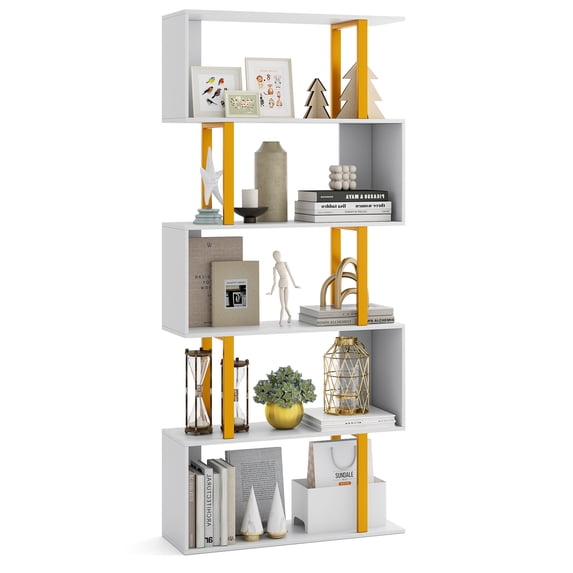 Gymax 5-Tier Geometric Bookcase 62-Inch S-Shaped Bookshelf w/ Metal Frame Gold