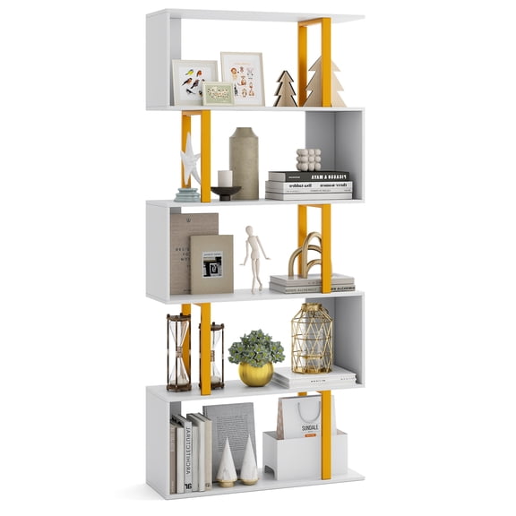 Gymax 5-Tier Geometric Bookcase 62-Inch S-Shaped Bookshelf w/ Metal Frame Gold