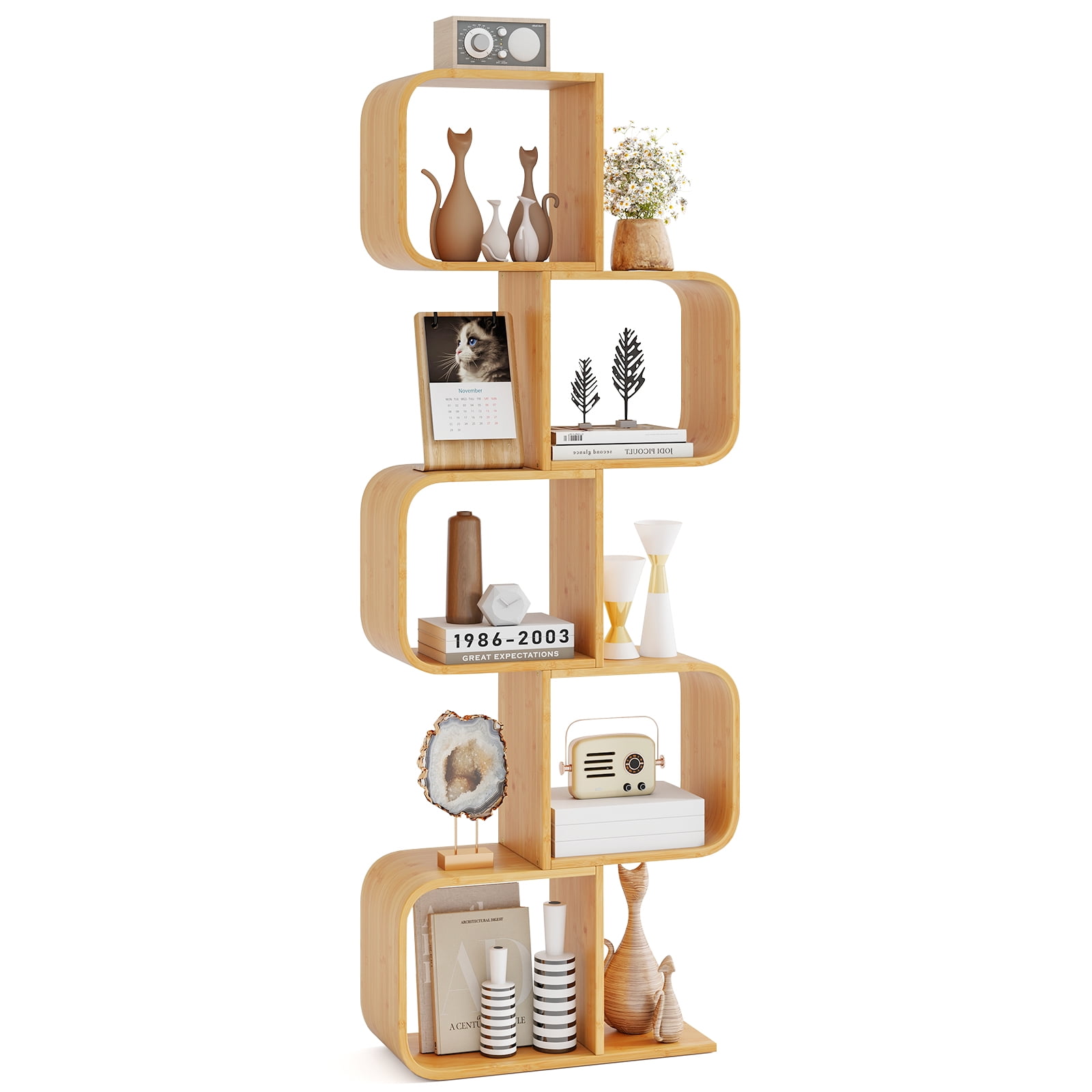 Gymax 5-Tier S-Shaped Bookcase w/ 5 Open Cubes Geometric Corner Display Shelf