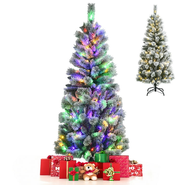 7.5 Feet Pre-Lit Hinged Christmas Tree Snow Flocked with 9 Modes Lights - Color