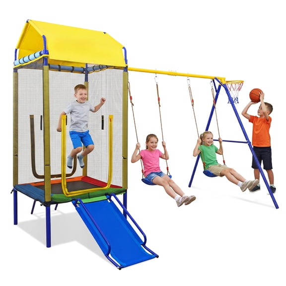 Gymax 5-in-1 Kids Swing Set w/Trampoline Roof 2 Belt Swings Slide Ladder for Children