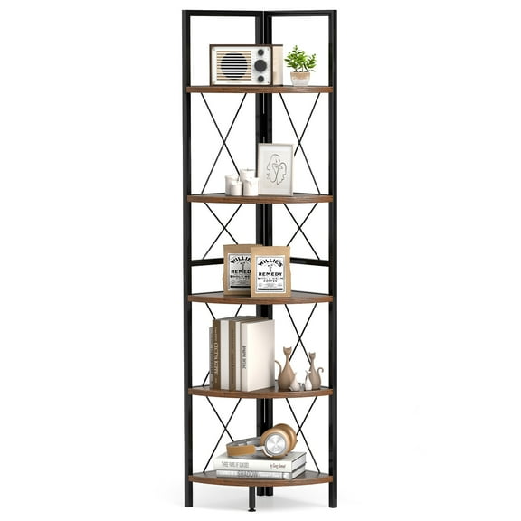 Gymax 5-tier Corner Display Rack Corner Ladder Bookshelf w/ Sturdy Metal Frame Brown & Black
