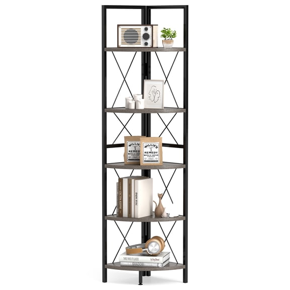 Gymax 5-tier Corner Display Rack Corner Ladder Bookshelf w/ Sturdy Metal Frame Oak & Black