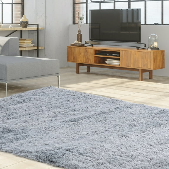 Gymax 5 x 7 FT Faux Fur Soft Shag Area Rug Fluffy Throw Carpet Non-slip Home Light Grey