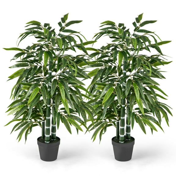 Gymax 50'' Tall Artificial Potted Tree w/3 PE Bamboo Trunk Flush Leaves Realistic Soil
