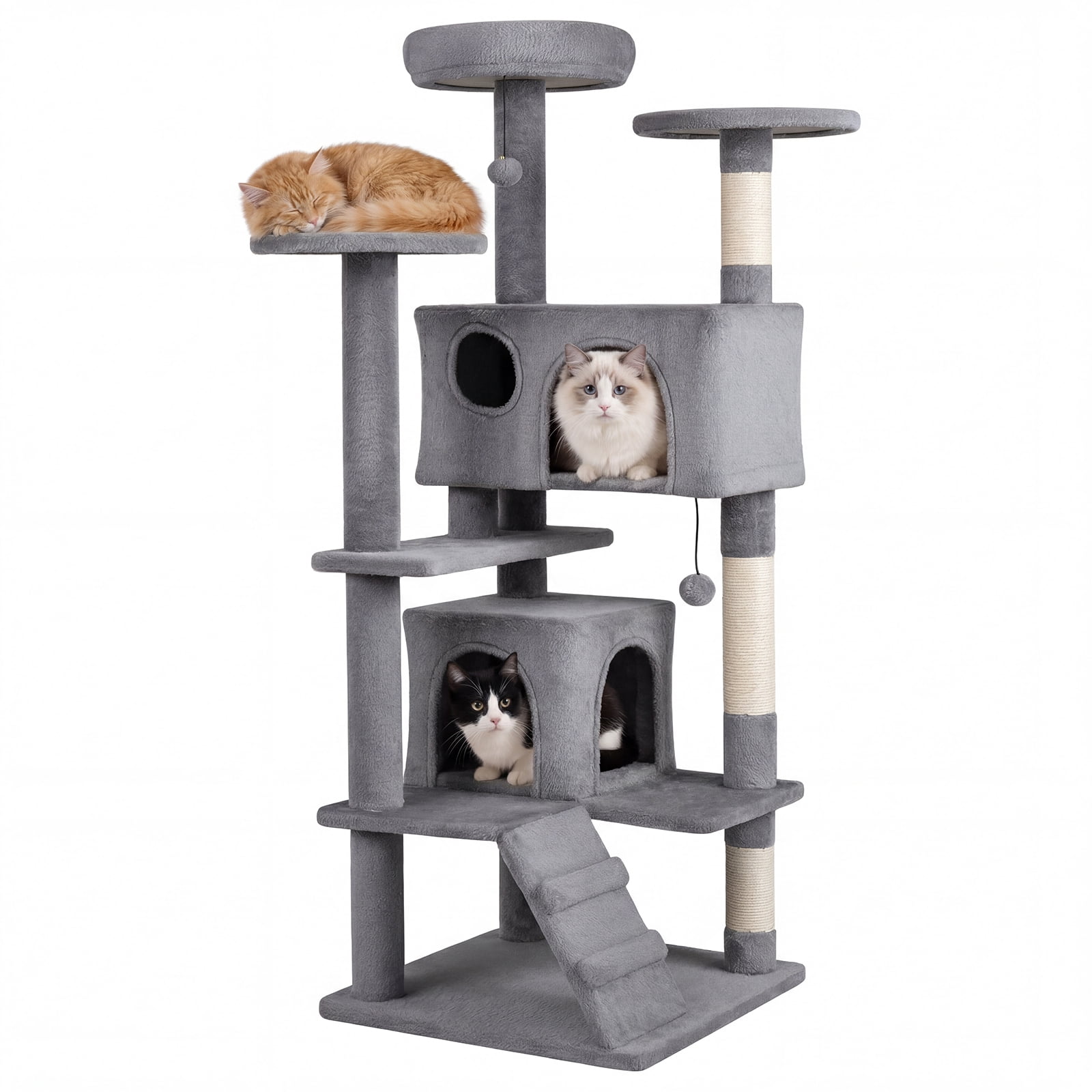 Gymax 52'' Tall Cat Tree Tower w/2 Condos Plush Padded Perch Sisal Scratching Posts Light Gray