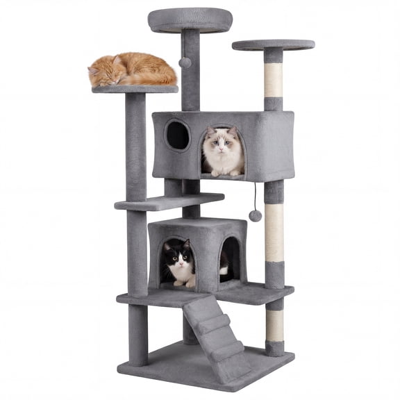 Gymax 52'' Tall Cat Tree Tower w/2 Condos Plush Padded Perch Sisal Scratching Posts Light Gray