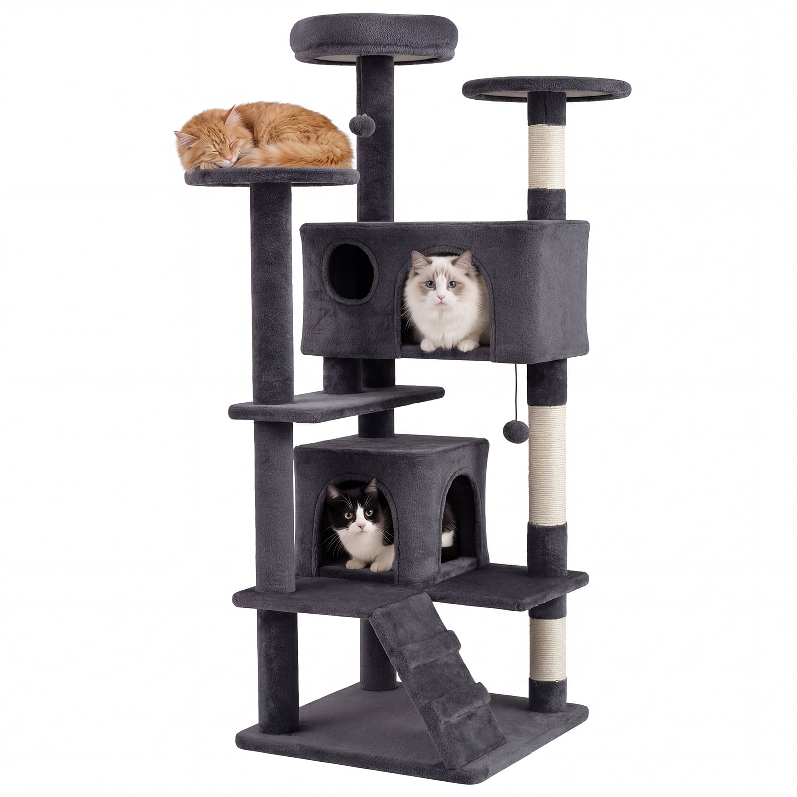 Gymax 52'' Tall Cat Tree Tower w/2 Condos Plush Padded Perch Sisal Scratching Posts Dark Gray