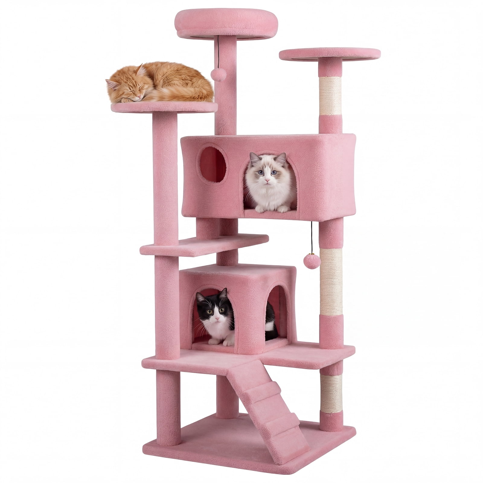 Gymax 52'' Tall Cat Tree Tower w/2 Condos Plush Padded Perch Sisal Scratching Posts Pink
