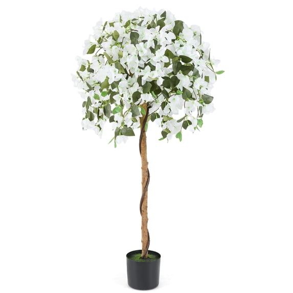 Gymax 53'' Artificial Azalea Tree Faux Floral Plant w/ Red Azalea Flowers Nursery Pot