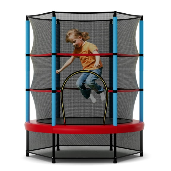 Gymax 55'' Mini Trampoline for Kids w/ Safety Enclosure Net & Seamless Design