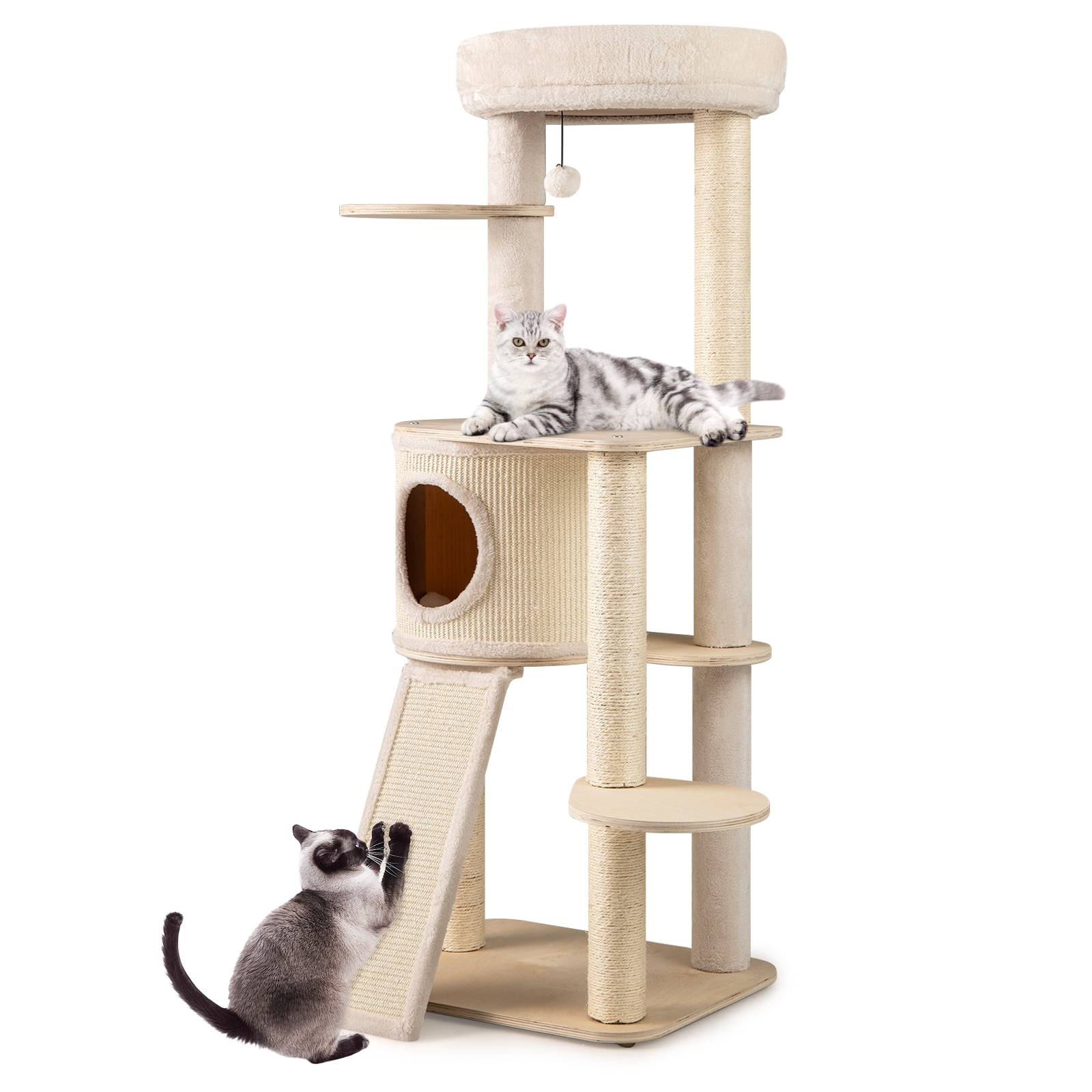 Gymax 56'' Tall Cat Tree Wooden Kitten Tower w/Sisal Scratching Posts & Mat & Ladder
