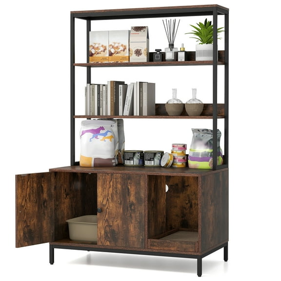 Gymax 57'' Cat Litter Box Enclosure w/ Storage 2-tier Shelves Removable Scratcher Brown