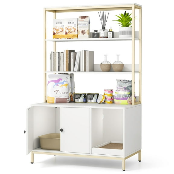 Gymax 57'' Cat Litter Box Enclosure w/ Storage 2-tier Shelves Removable Scratcher White