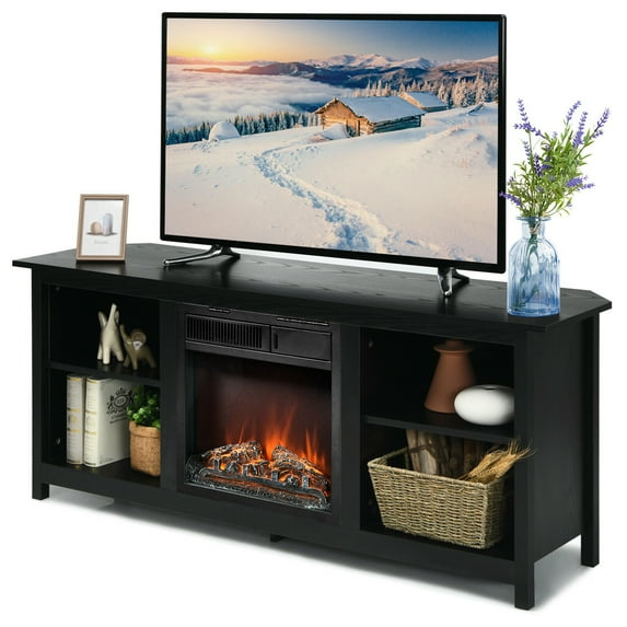 Gymax 58'' 2-Tier Fireplace TV Stand W/18'' Electric Fireplace Black Up to 65''