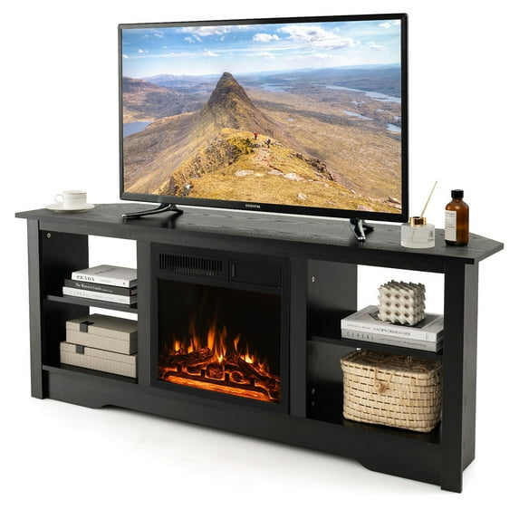 Gymax 58'' Fireplace TV Stand w/ 18'' 1500W Electric Fireplace Adjustable Brightness Black