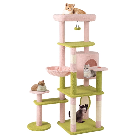 Gymax 58'' Plush Cat Tree Floral Climbing Tree Multi-level Cat Tower w/ Round Basket