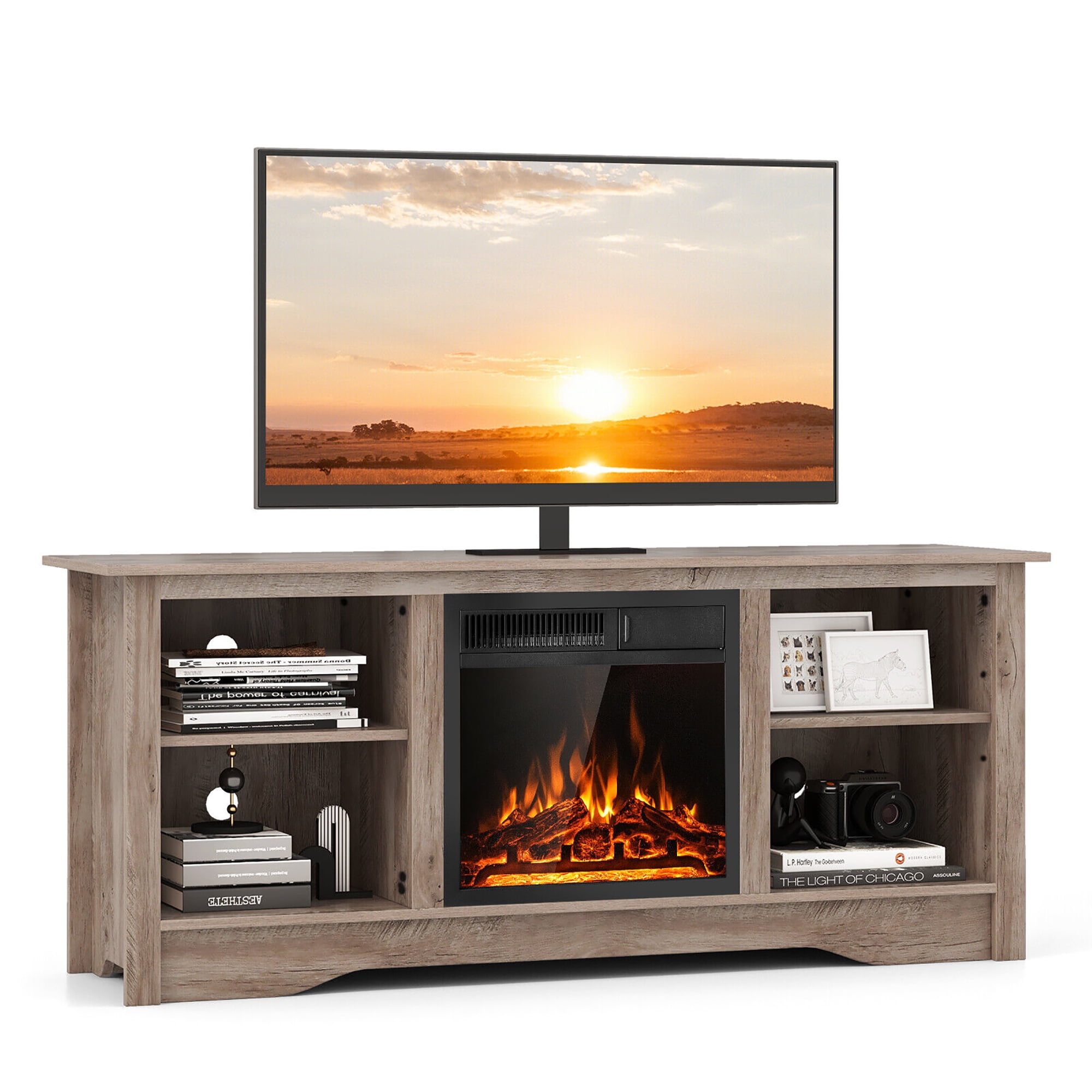 Gymax 58'' TV Stand w/ 18'' Electric Fireplace Heater 750W/1500W ...