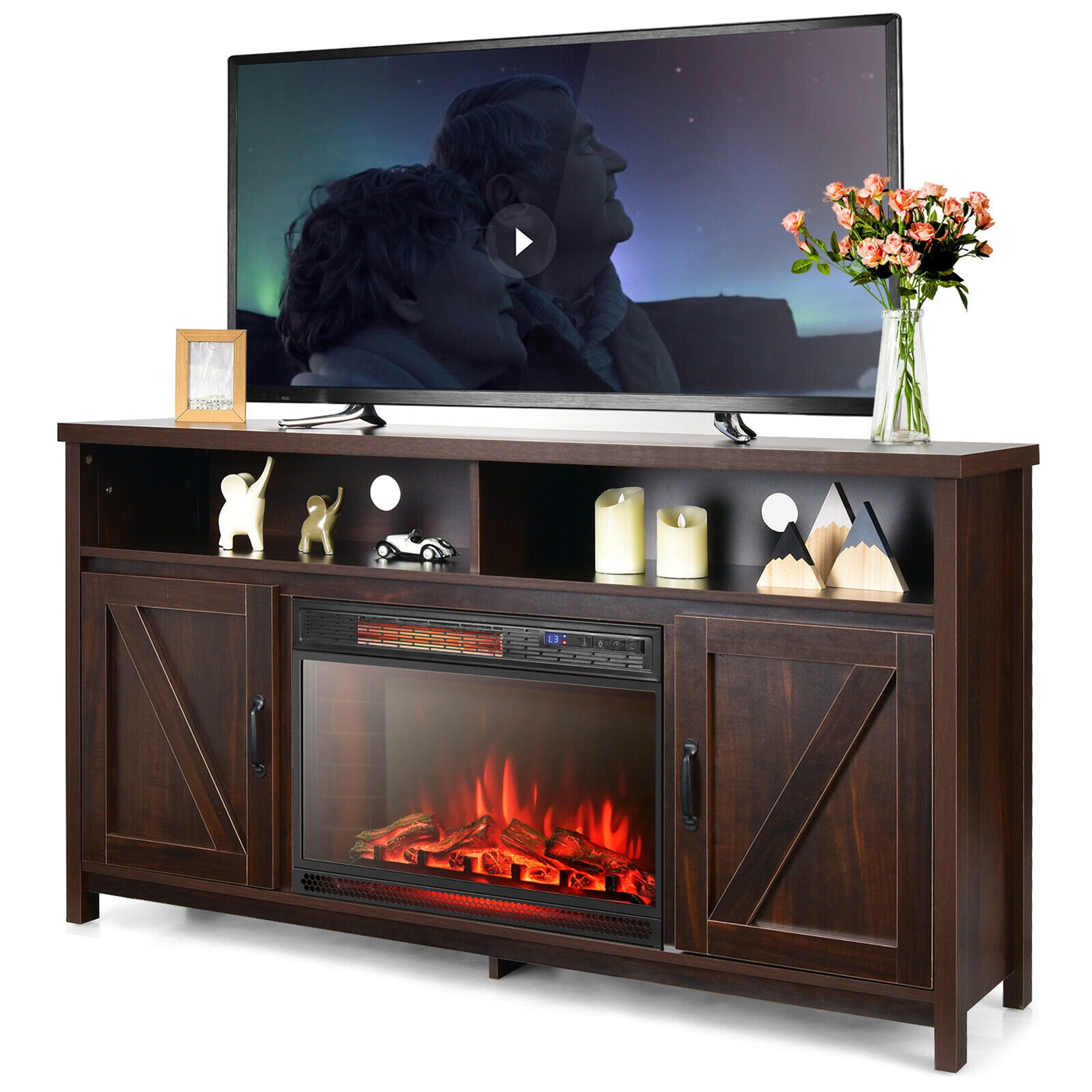 Gymax 59'' Fireplace TV Stand with 1350W Electric Heater, Storage ...
