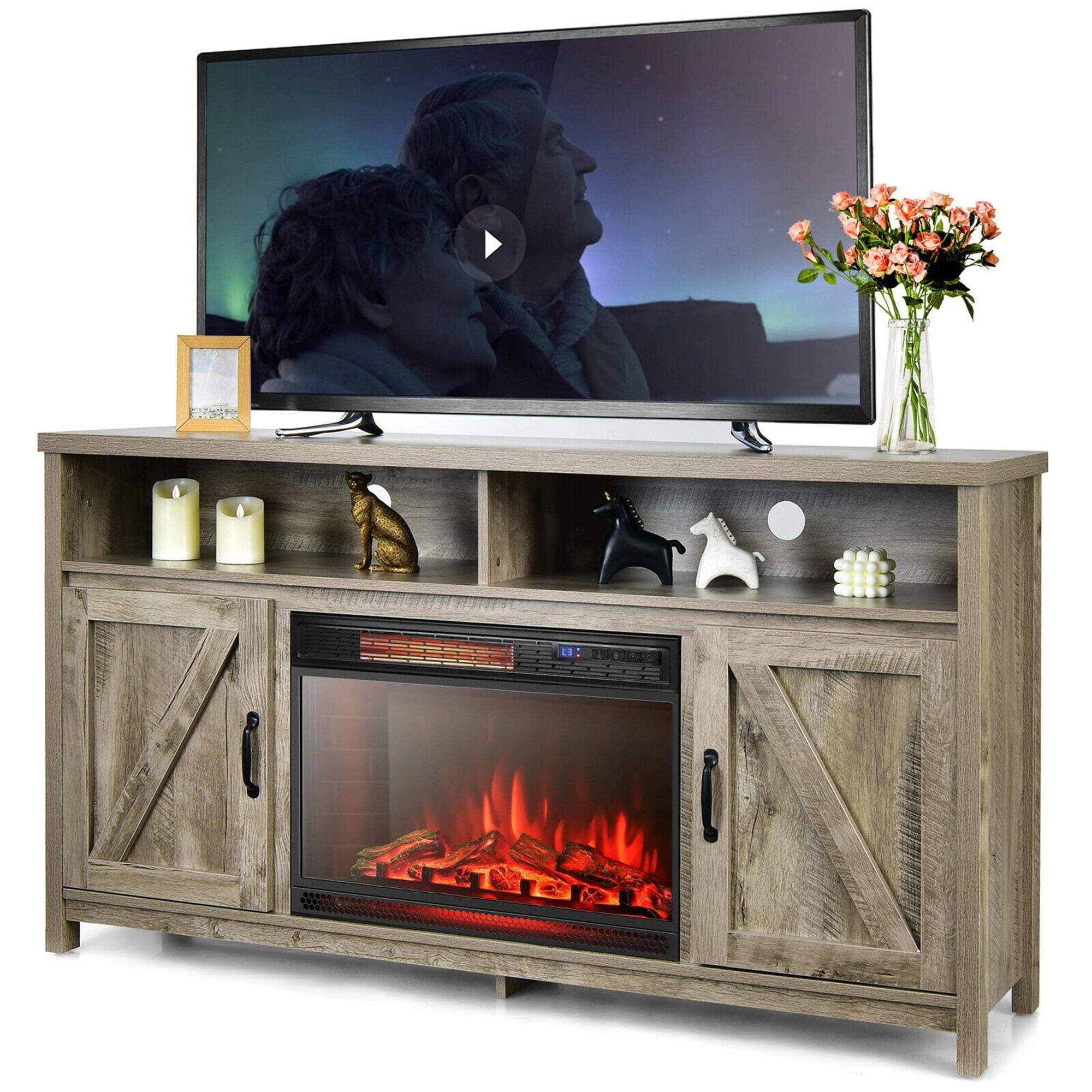 Gymax 59'' Fireplace TV Stand W/ 25'' 1350W Electric Fireplace Heater Natural Gymax 59'' Fireplace TV Stand W/ 25'' 1350W Electric Fireplace Heater Natural