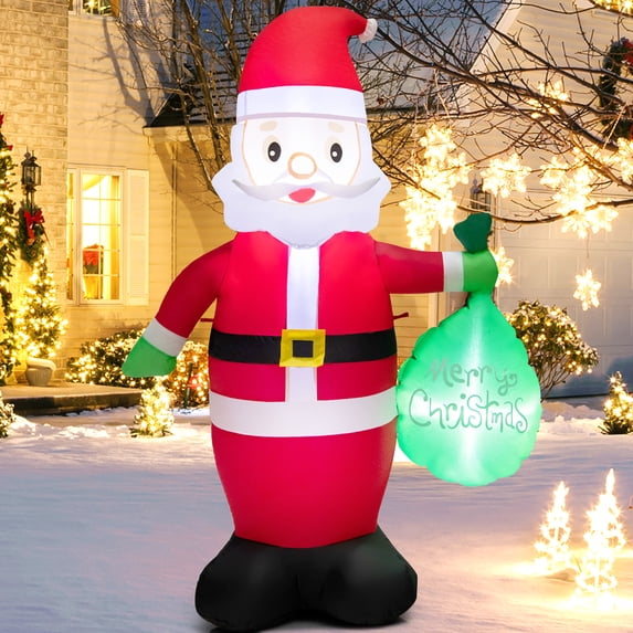 Gymax 5FT Christmas Self Inflatable Santa Holding Gift Bag Decoration w/ LED Lights & Sandbags