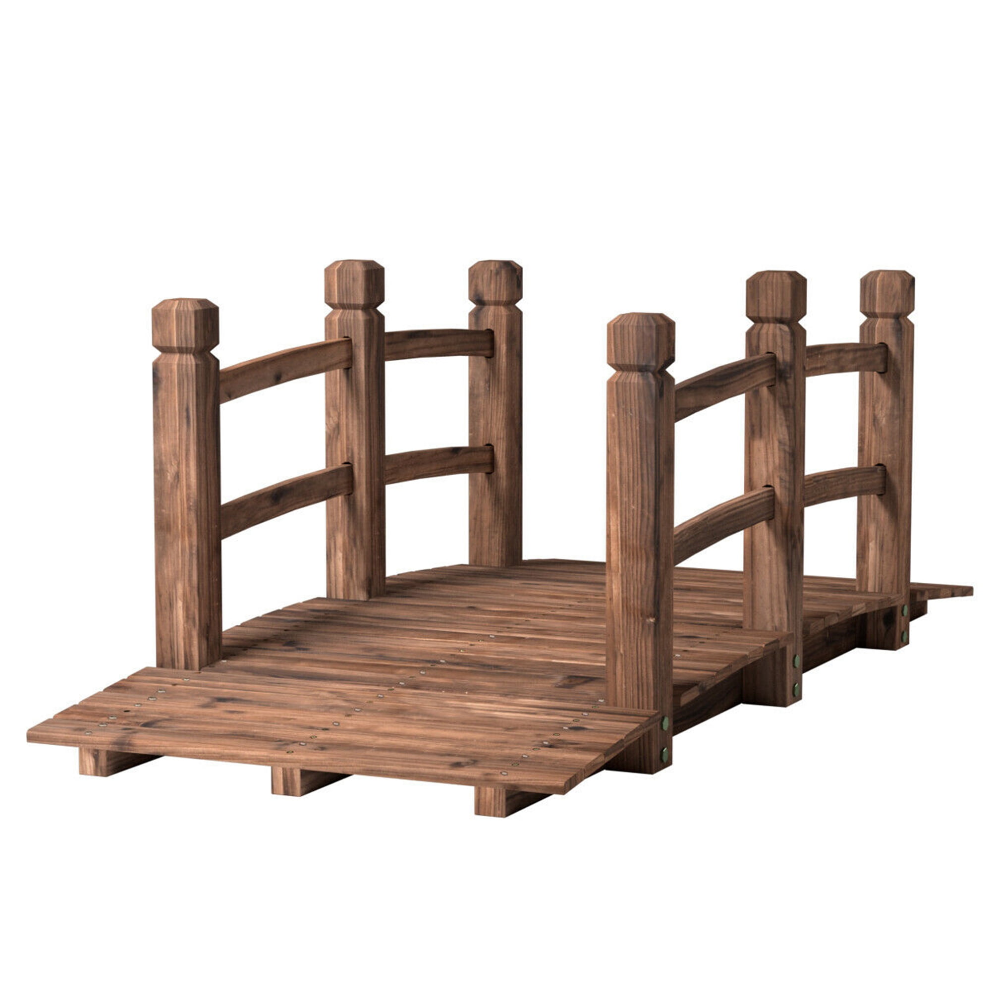 Gymax 5FT Garden Wooden Bridge Safety Rails Backyard Pond Decor Brown